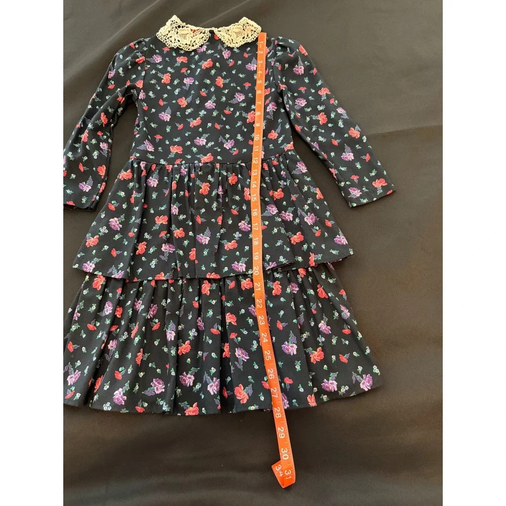 Vintage Floral Tiered Dress Black Red Purple Lace Collar Long Sleeve